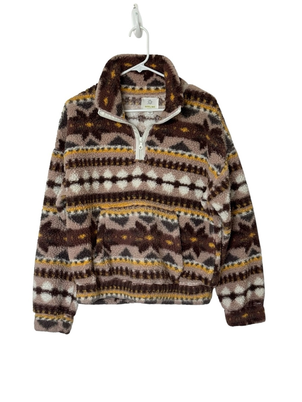 OFFLINE by Aerie Fuzzy Sherpa Quarter Zip Fleece Pullover Fair Isle Nordic Med